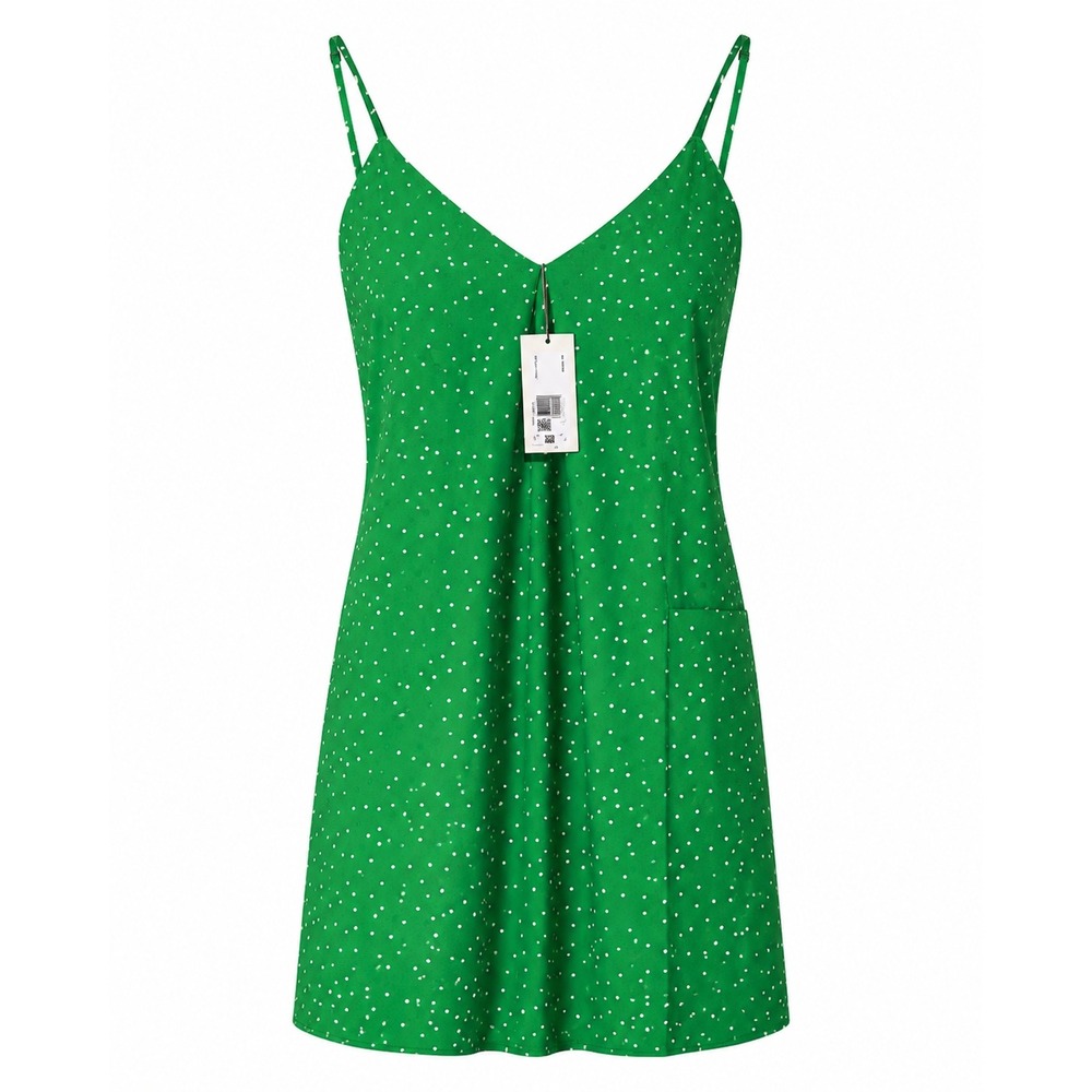 A New Day Womens XS Slip Mini Dress Green Polka Dot V‎ Neck Front Slit NWT